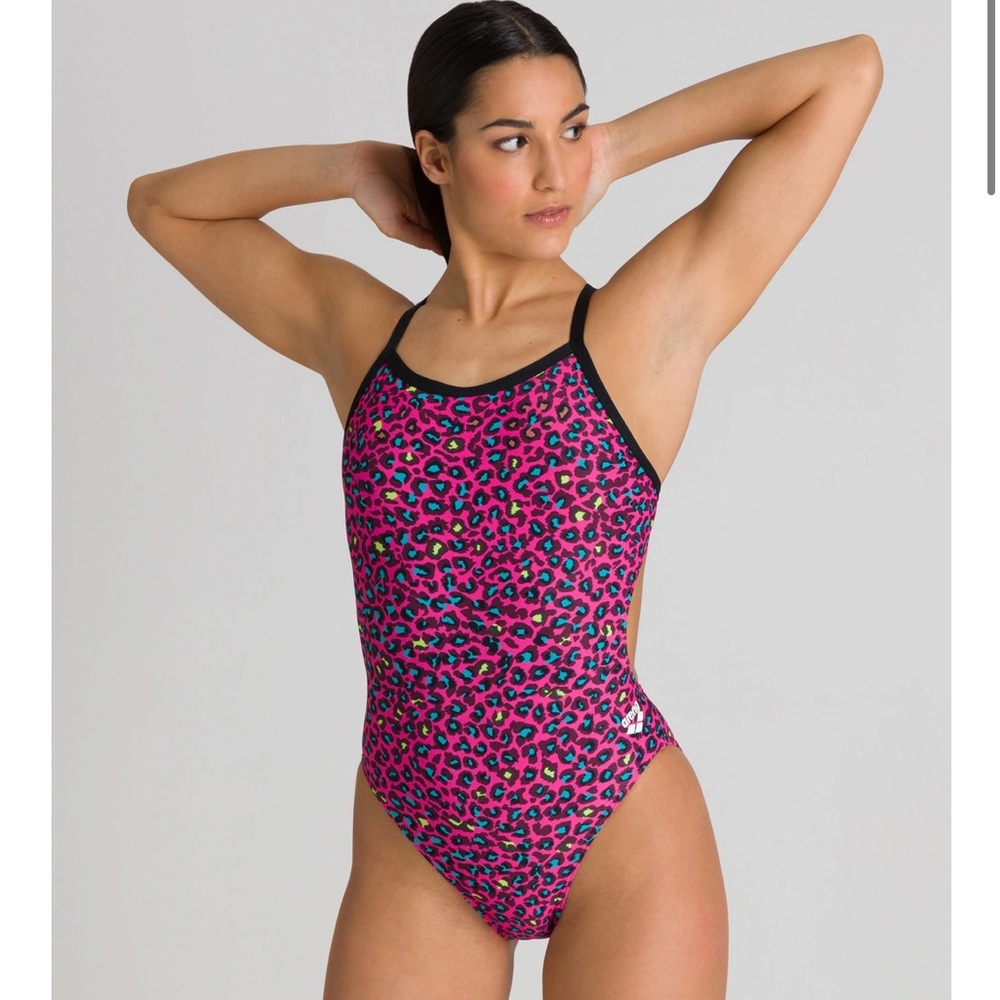 Girl’s Arena Pink Leopard Challenge Back Swimsuit, Size 22